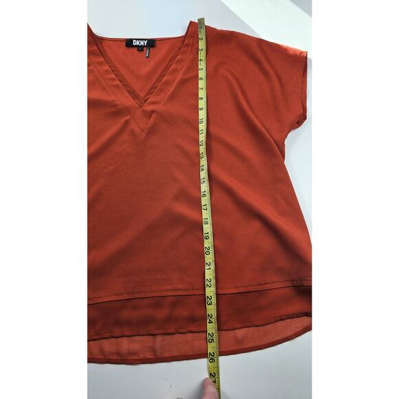 DKNY chiffon trim layered mixed media velour neck top L fall color orange casual - Picture 8 of 9